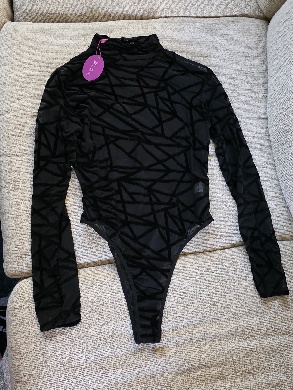 Black Geometric Burnout Mesh Long-Sleeve Bodysuit NWT